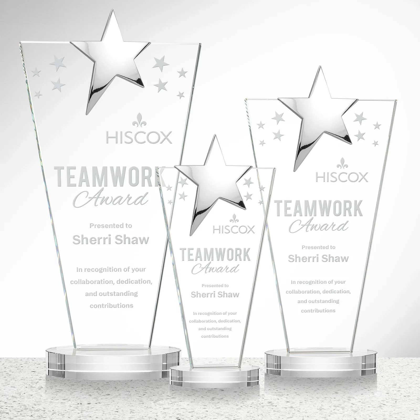 Custom Starfire Crystal Award with Chrome or Gold Star on Oval Base for employee recognition