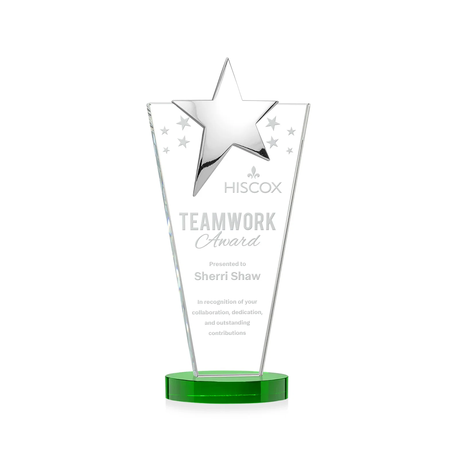 Custom Starfire Crystal Award with Chrome or Gold Star on Oval Base for volunteer appreciation