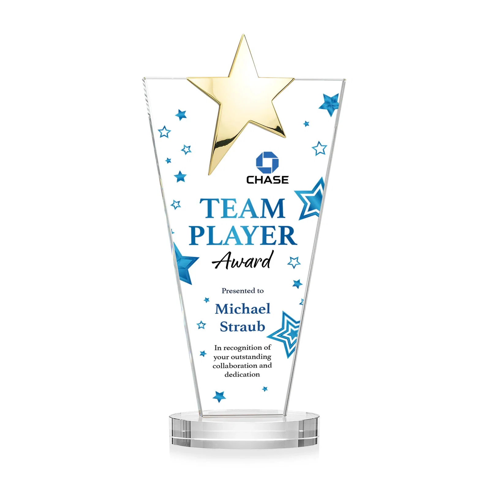 Personalized Starfire Crystal Award with Chrome or Gold Star on Oval Base, with your logo for sales achievement awards