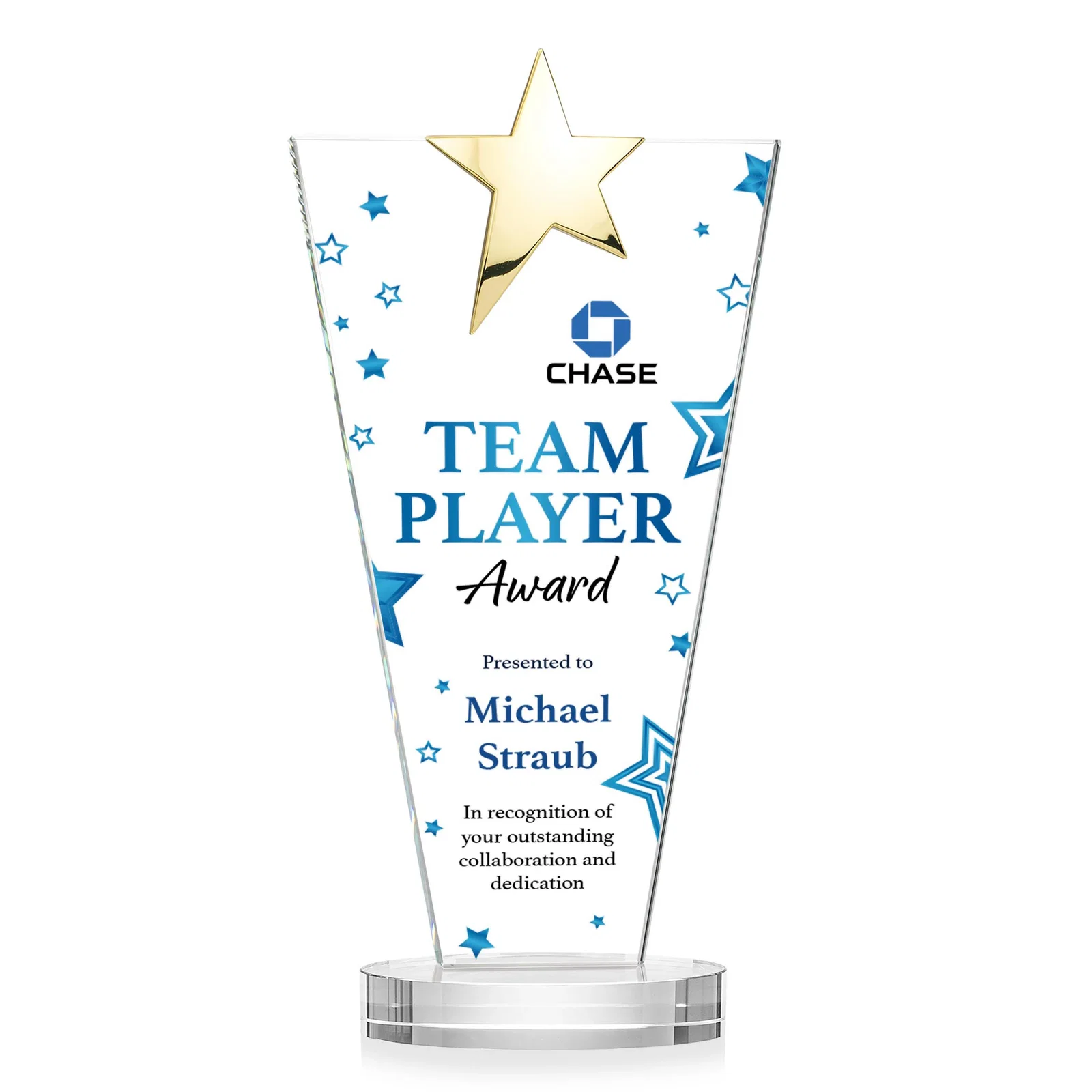 Personalized Starfire Crystal Award with Chrome or Gold Star on Oval Base, with your logo for retirement presentations
