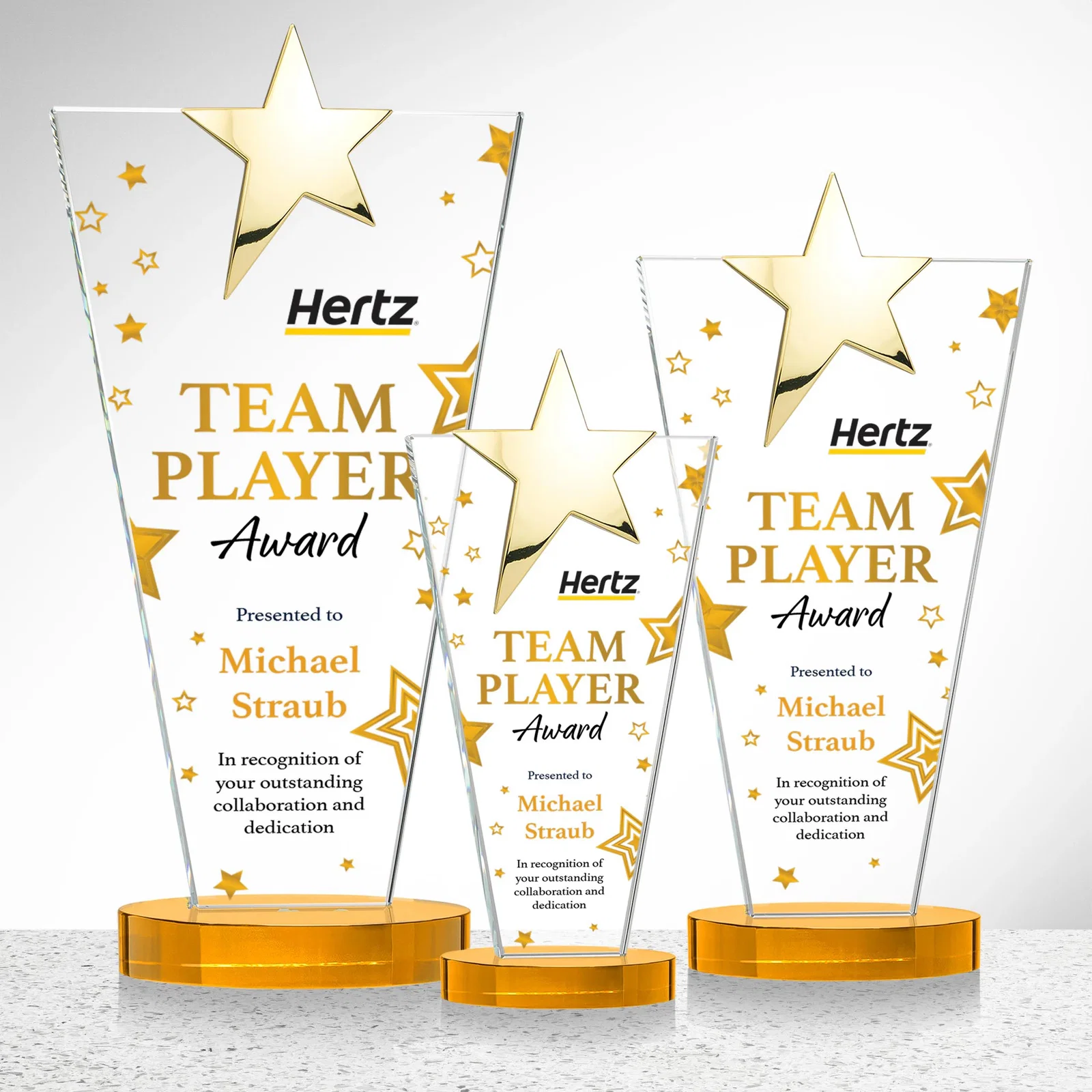 Personalized Starfire Crystal Award with Chrome or Gold Star on Oval Base, with your logo for team milestone celebrations