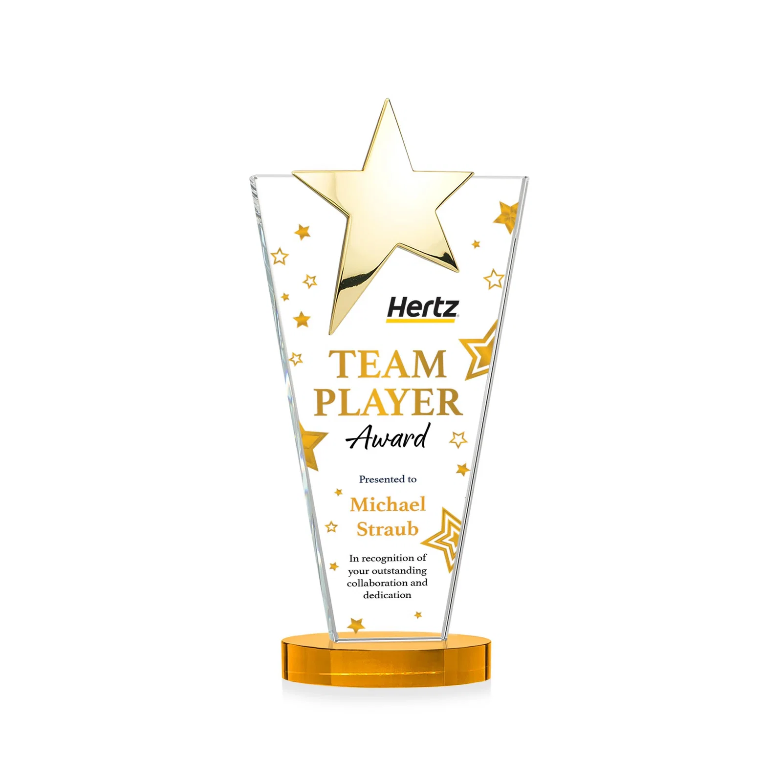 Personalized Starfire Crystal Award with Chrome or Gold Star on Oval Base, with your logo for donor appreciation