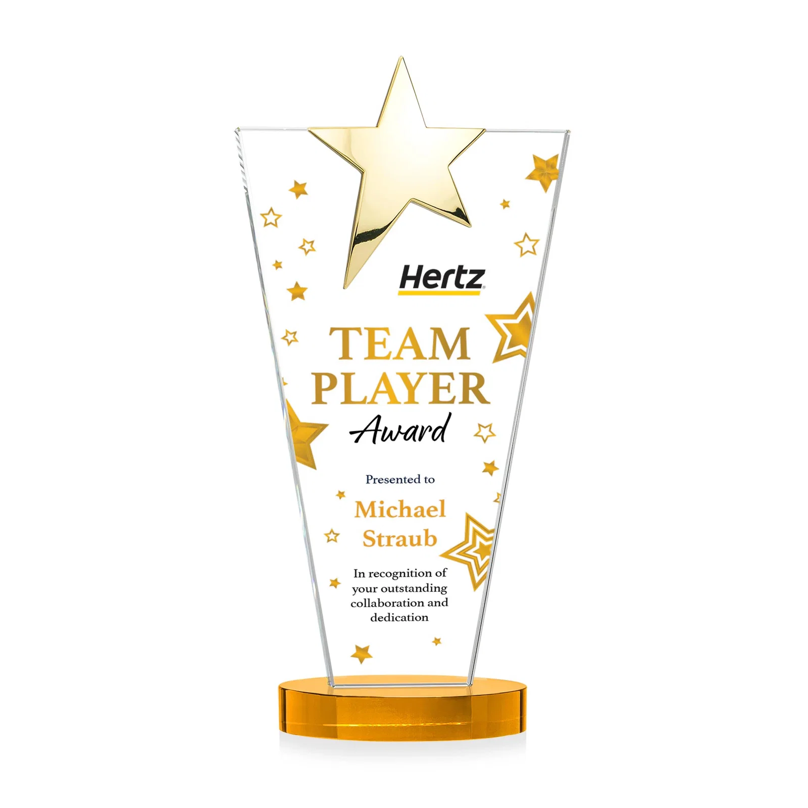 Personalized Starfire Crystal Award with Chrome or Gold Star on Oval Base, with your logo for graduation ceremonies