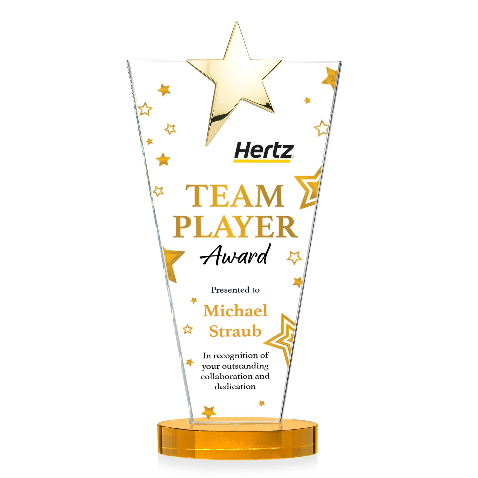 Personalized Starfire Crystal Award with Chrome or Gold Star on Oval Base, with your logo for safety achievement programs