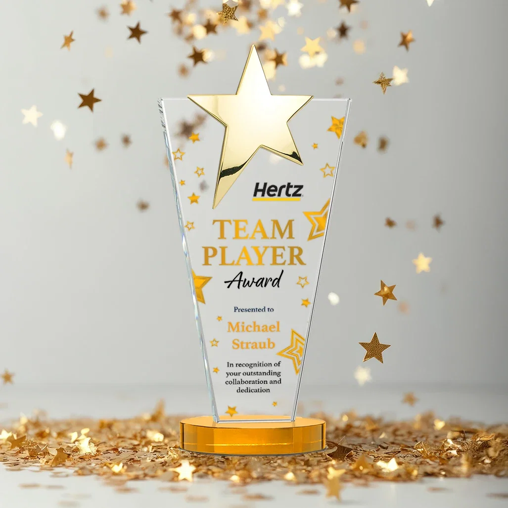 Personalized Starfire Crystal Award with Chrome or Gold Star on Oval Base, with your logo for volunteer appreciation