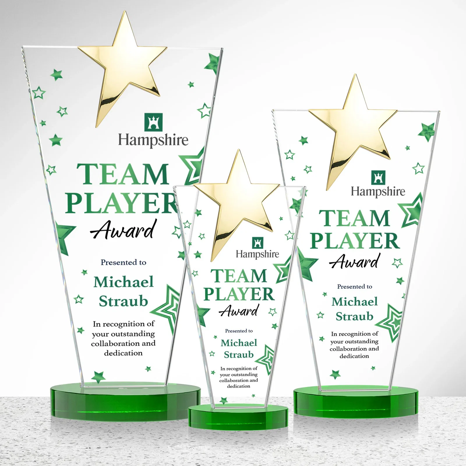 Personalized Starfire Crystal Award with Chrome or Gold Star on Oval Base, with your logo for dealer and partner awards