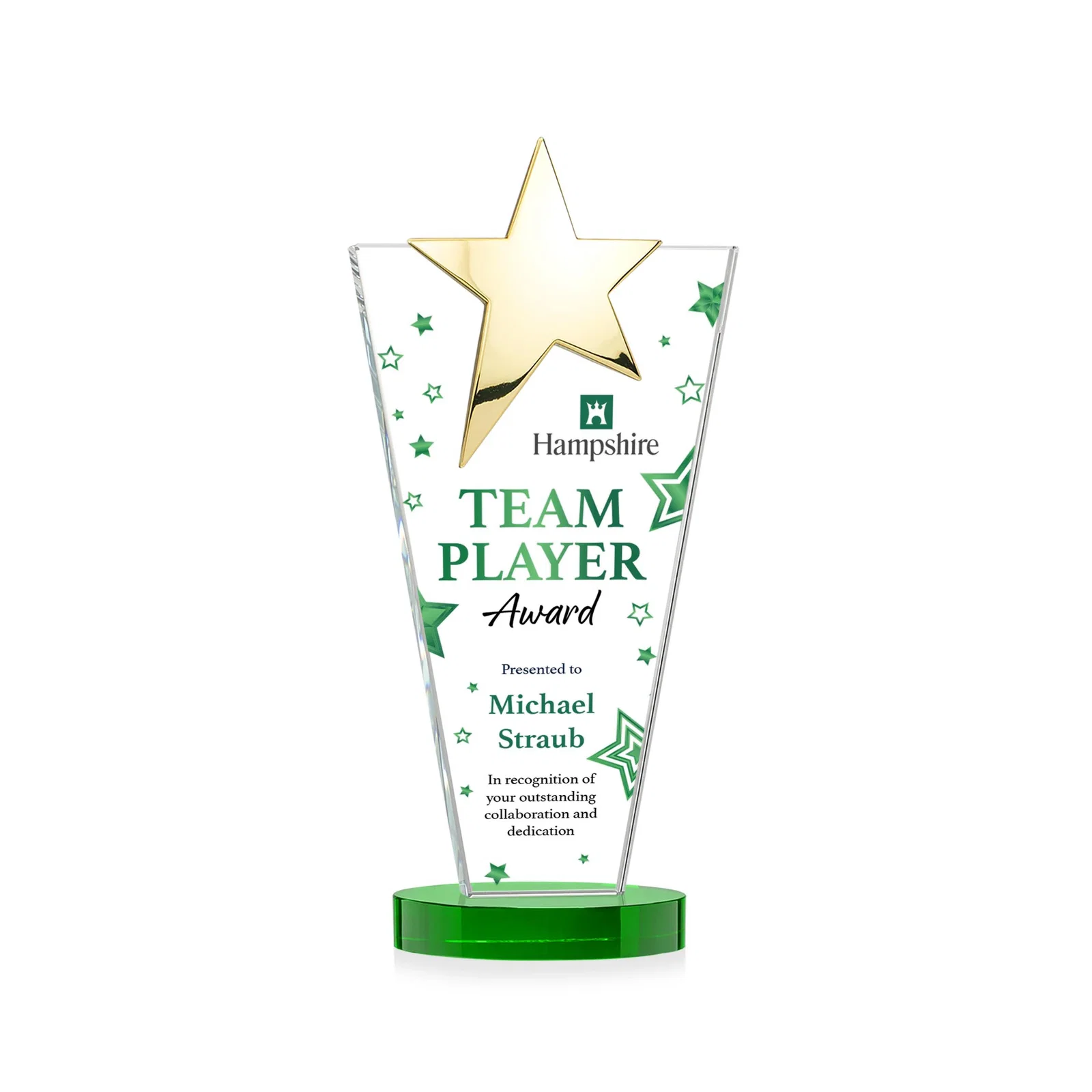 Personalized Starfire Crystal Award with Chrome or Gold Star on Oval Base, with your logo for company anniversary events