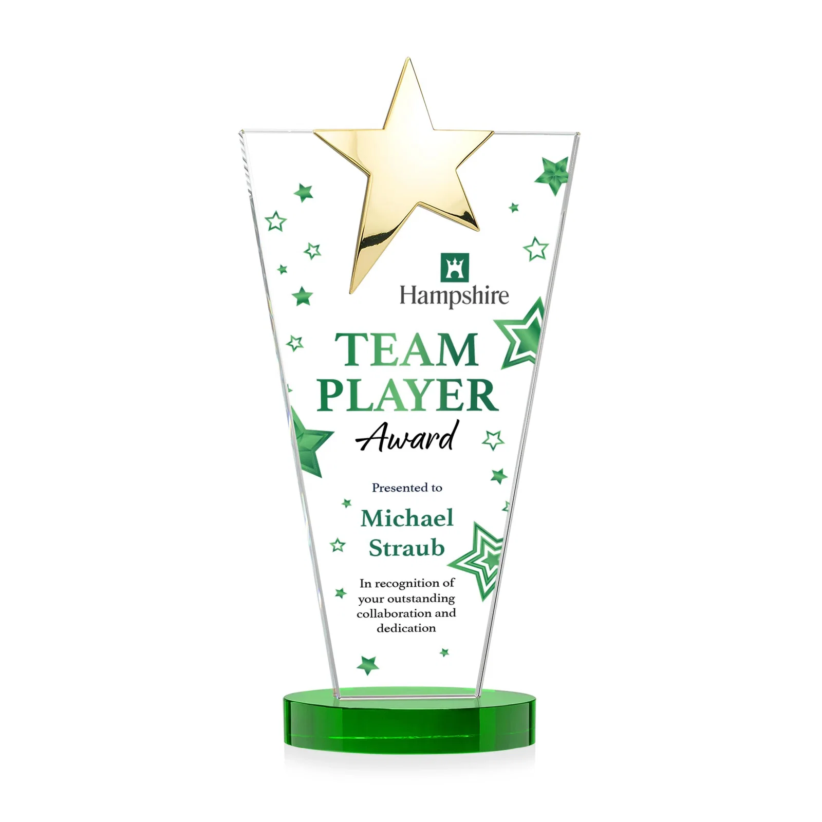 Promotional Starfire Crystal Award with Chrome or Gold Star on Oval Base, with your logo for employee recognition