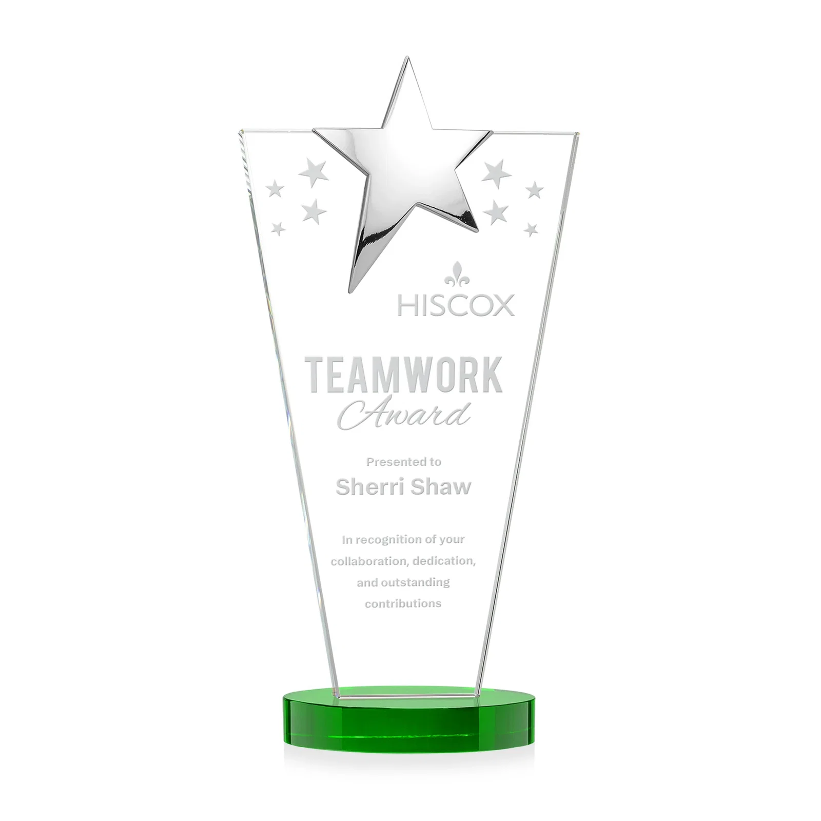 Custom Starfire Crystal Award with Chrome or Gold Star on Oval Base for dealer and partner awards