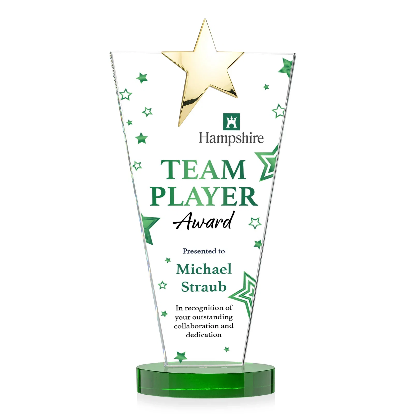 Promotional Starfire Crystal Award with Chrome or Gold Star on Oval Base, with your logo for corporate award ceremonies