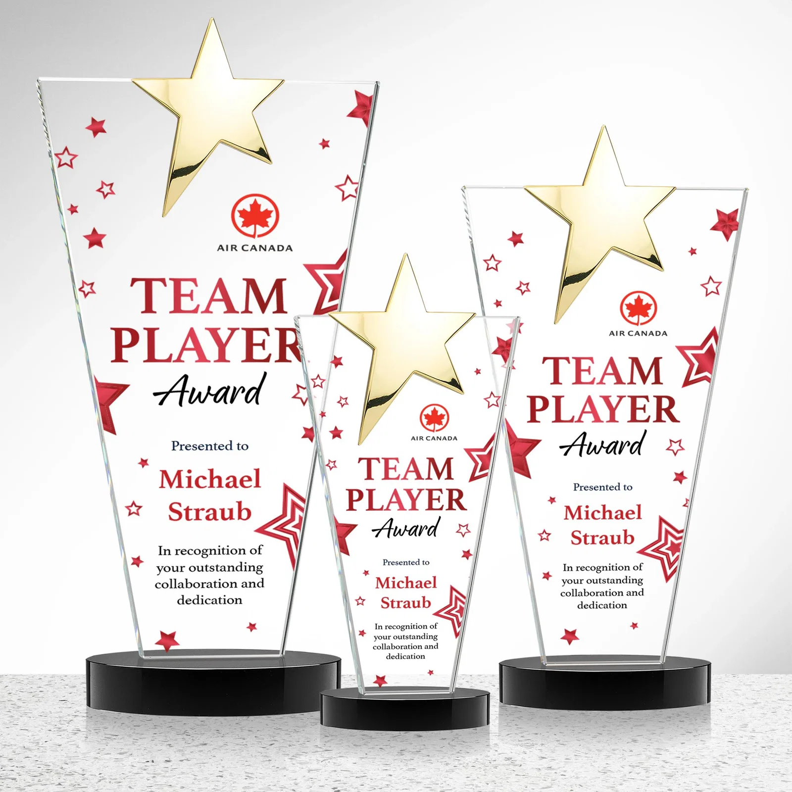 Promotional Starfire Crystal Award with Chrome or Gold Star on Oval Base, with your logo for service anniversary gifts