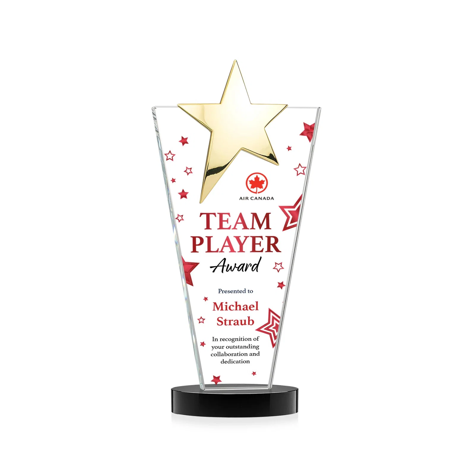 Promotional Starfire Crystal Award with Chrome or Gold Star on Oval Base, with your logo for sales achievement awards