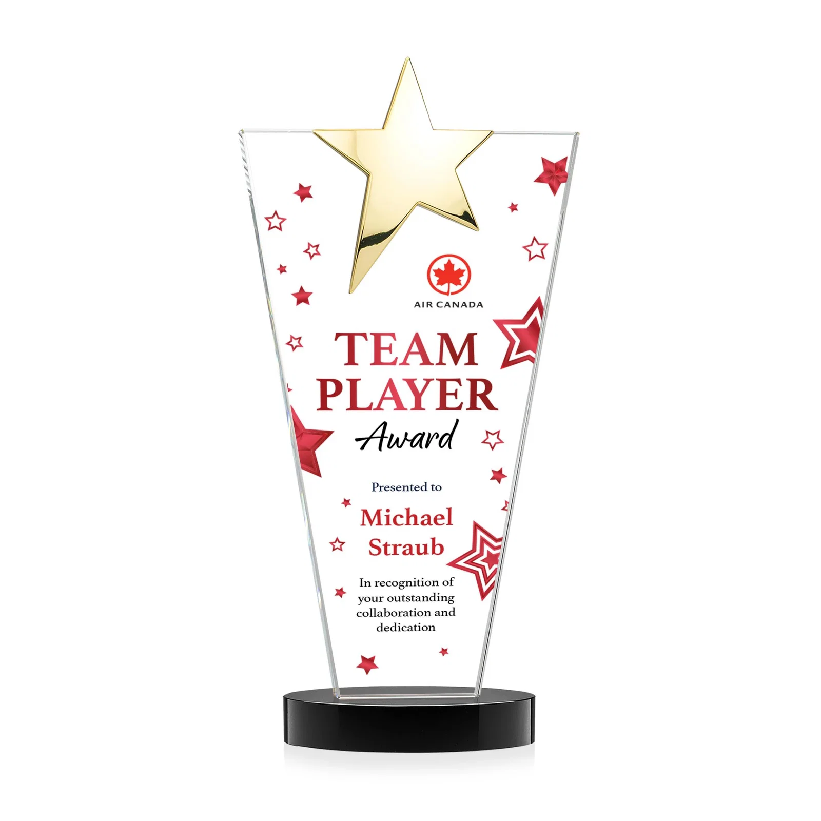 Promotional Starfire Crystal Award with Chrome or Gold Star on Oval Base, with your logo for retirement presentations
