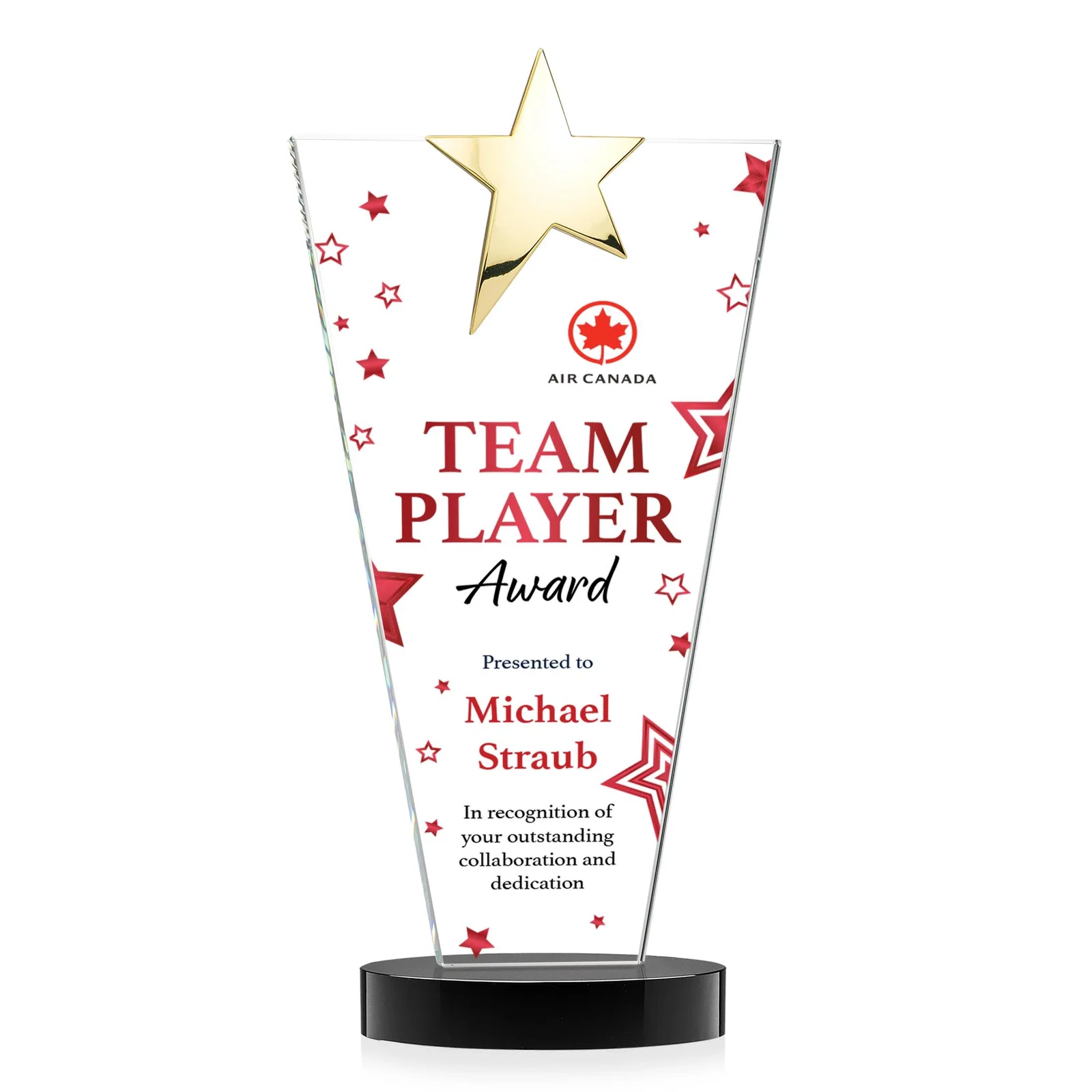 Promotional Starfire Crystal Award with Chrome or Gold Star on Oval Base, with your logo for team milestone celebrations