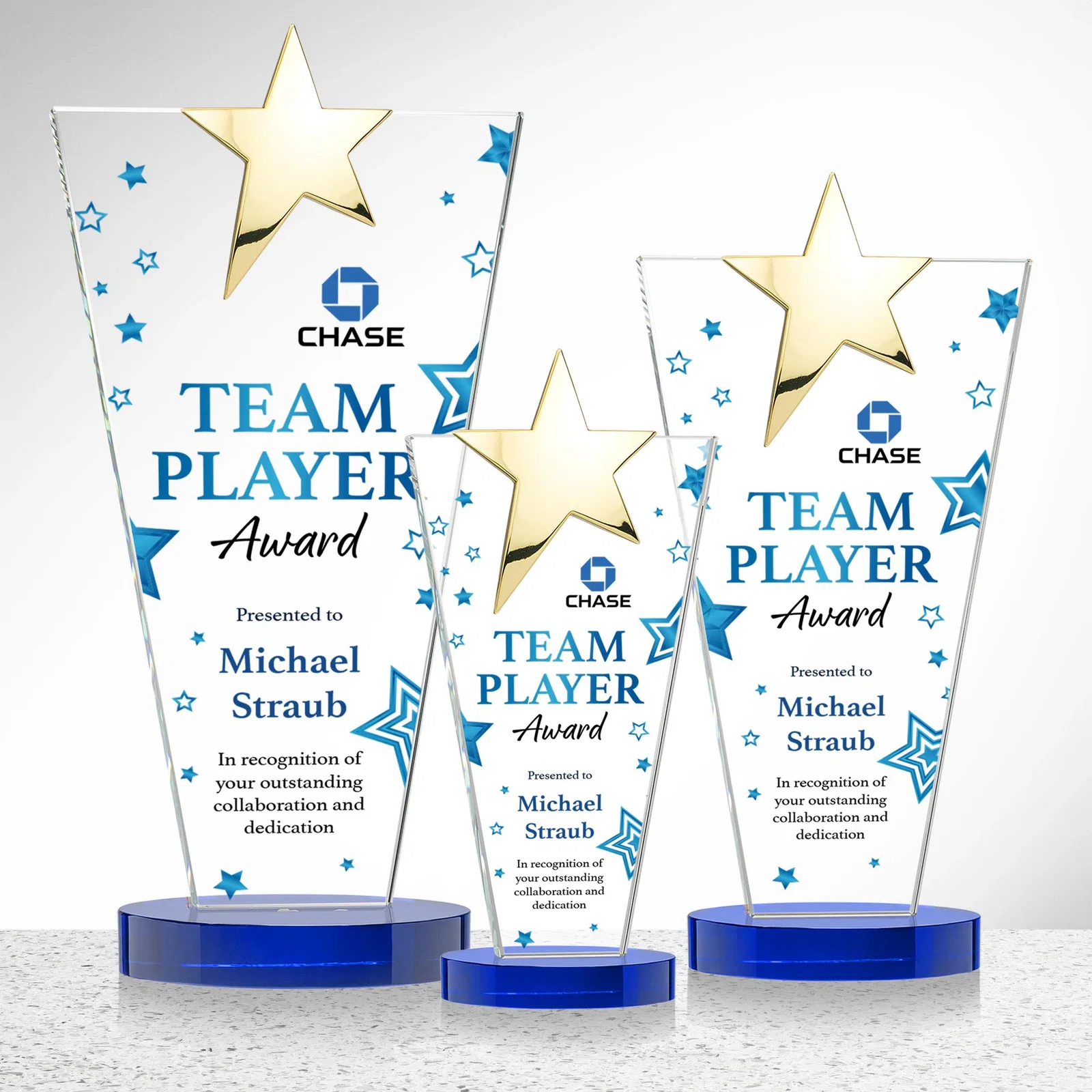 Promotional Starfire Crystal Award with Chrome or Gold Star on Oval Base, with your logo for donor appreciation