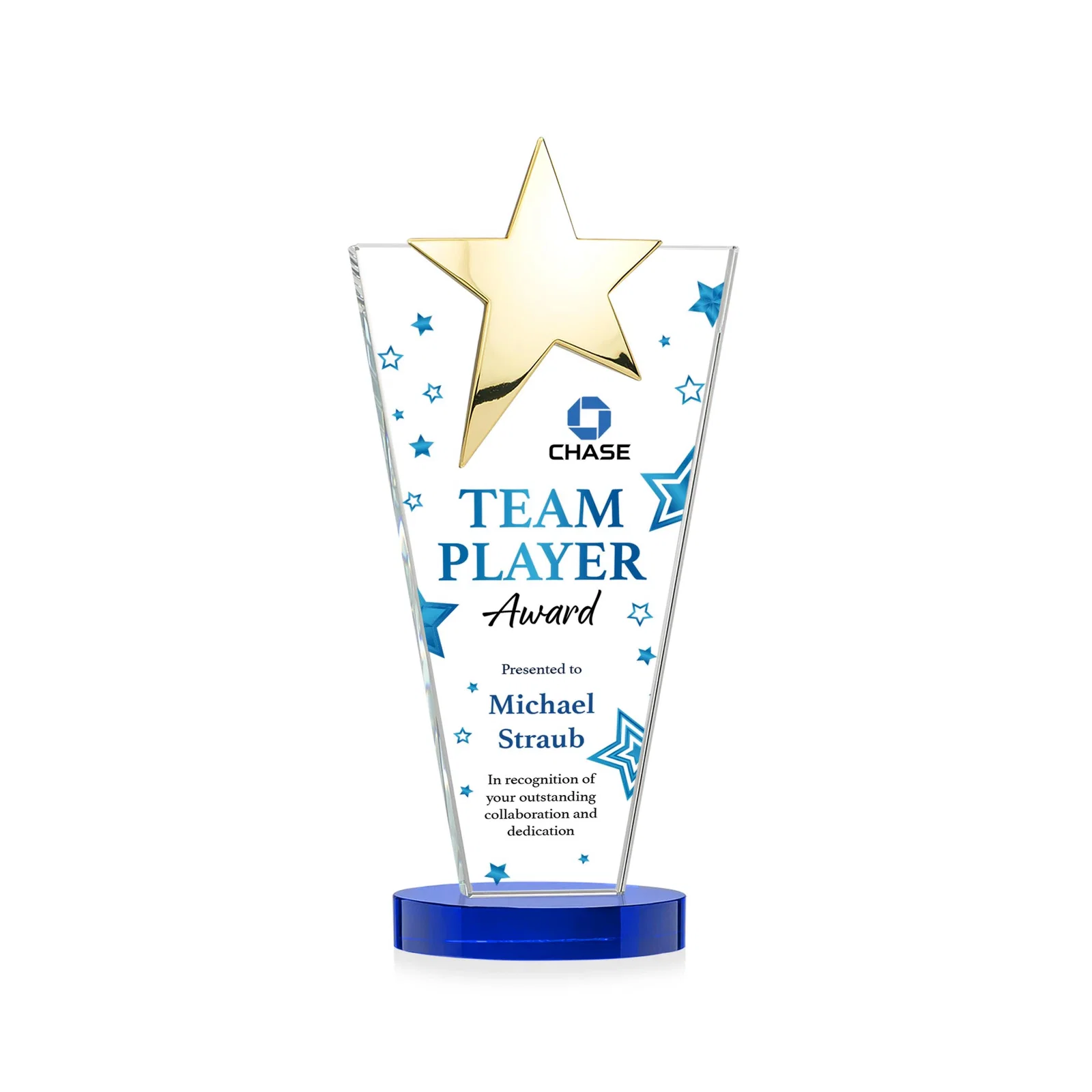 Promotional Starfire Crystal Award with Chrome or Gold Star on Oval Base, with your logo for graduation ceremonies