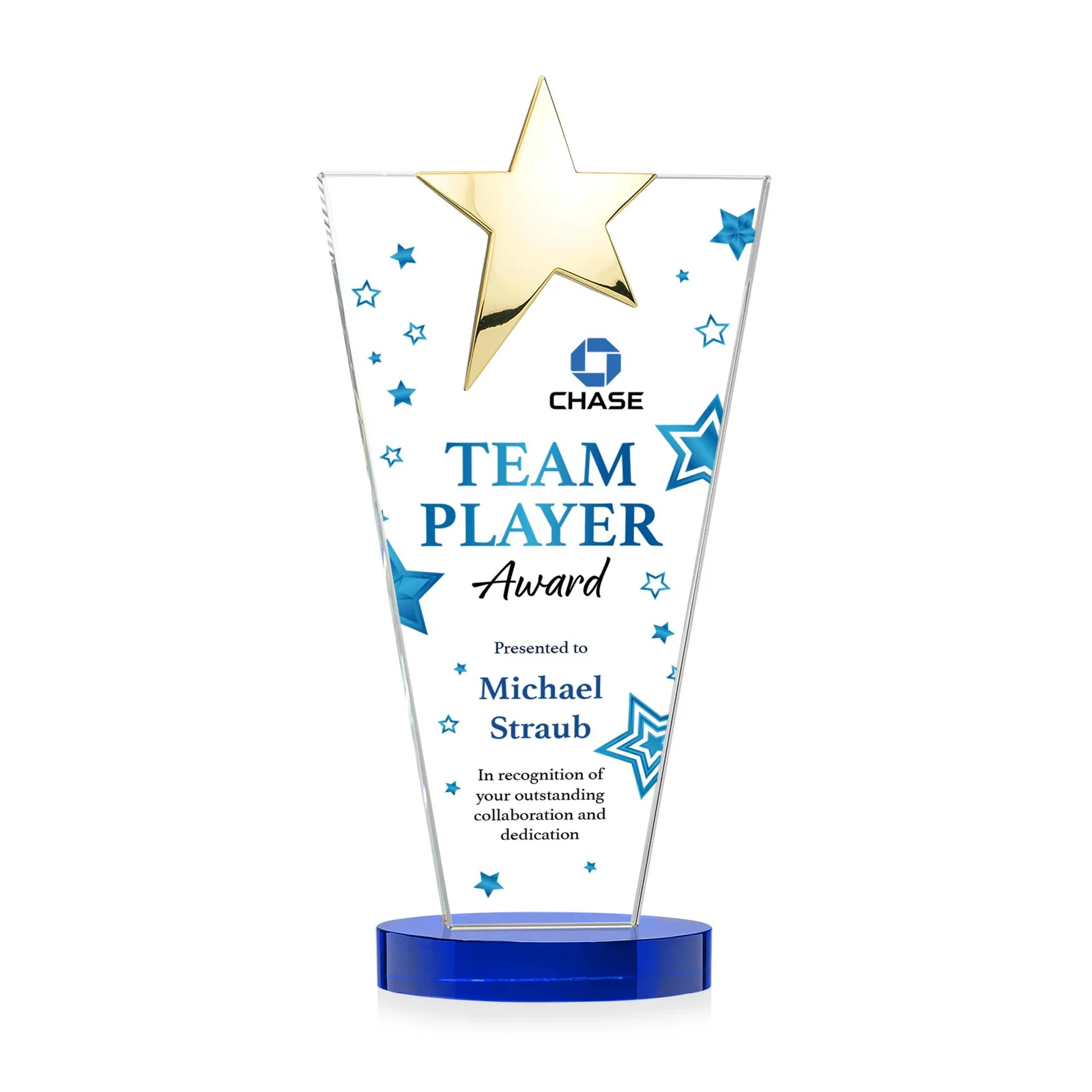 Promotional Starfire Crystal Award with Chrome or Gold Star on Oval Base, with your logo for safety achievement programs
