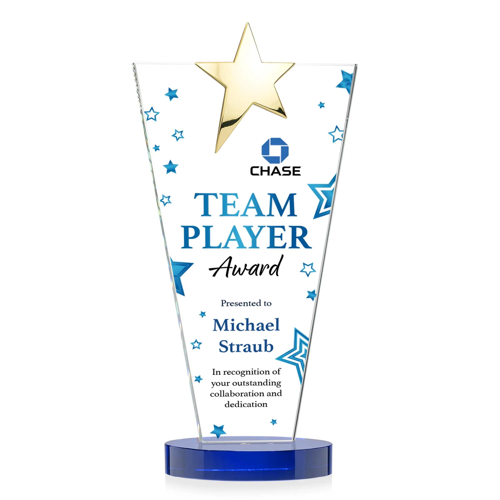 Promotional Starfire Crystal Award with Chrome or Gold Star on Oval Base, with your logo for volunteer appreciation