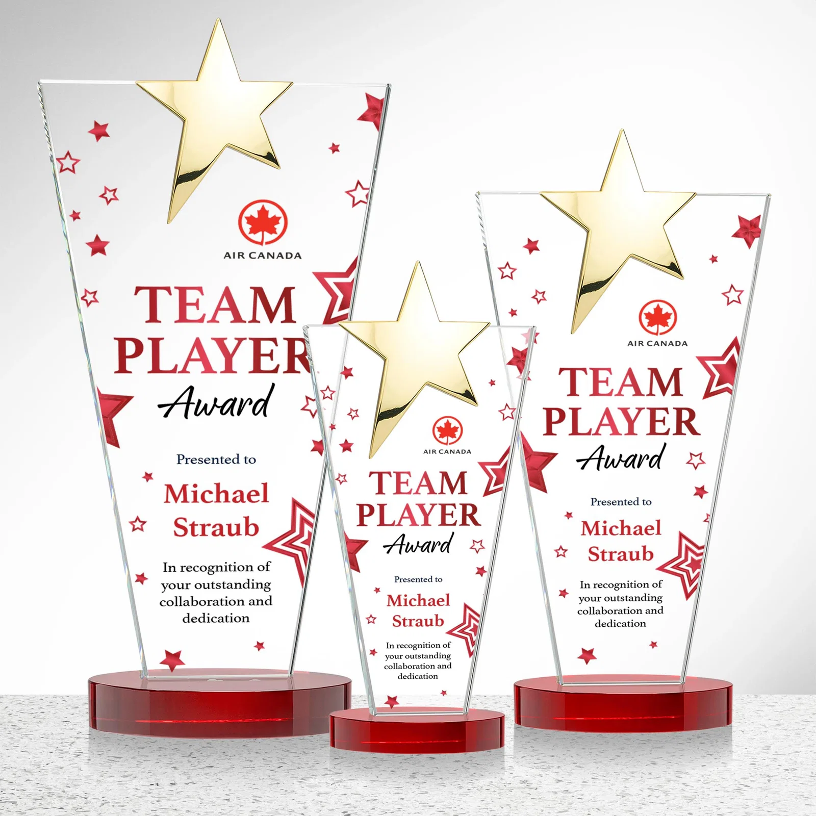 Promotional Starfire Crystal Award with Chrome or Gold Star on Oval Base, with your logo for dealer and partner awards