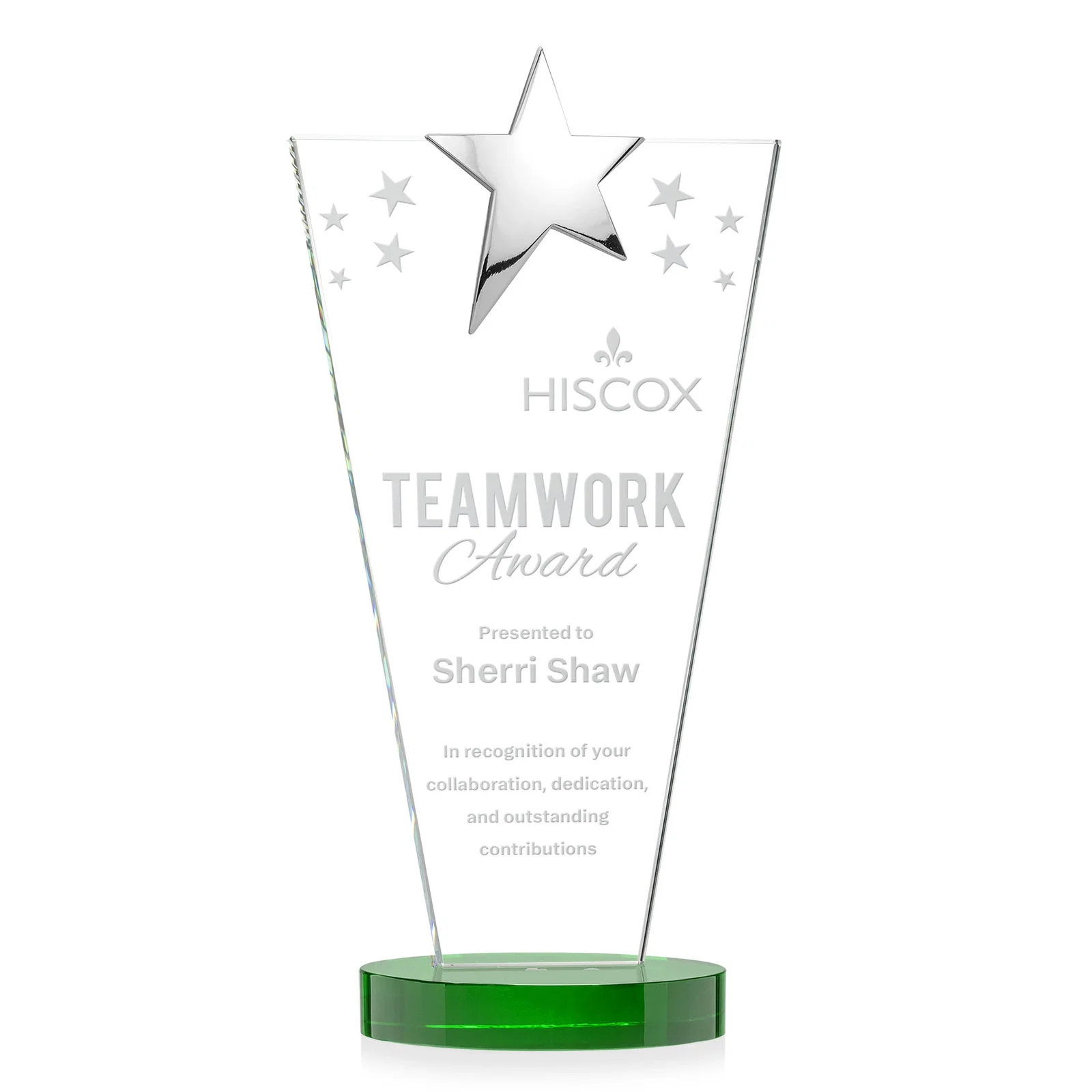 Custom Starfire Crystal Award with Chrome or Gold Star on Oval Base for company anniversary events