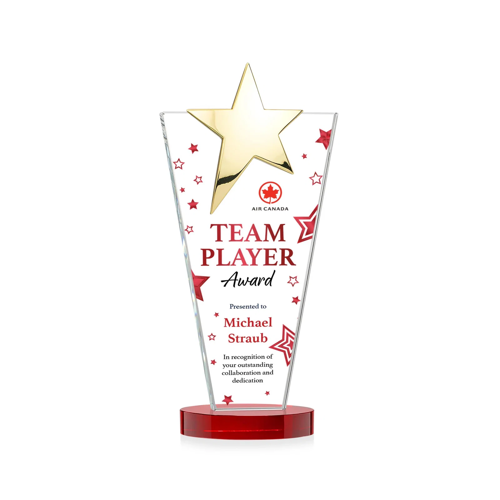 Promotional Starfire Crystal Award with Chrome or Gold Star on Oval Base, with your logo for company anniversary events