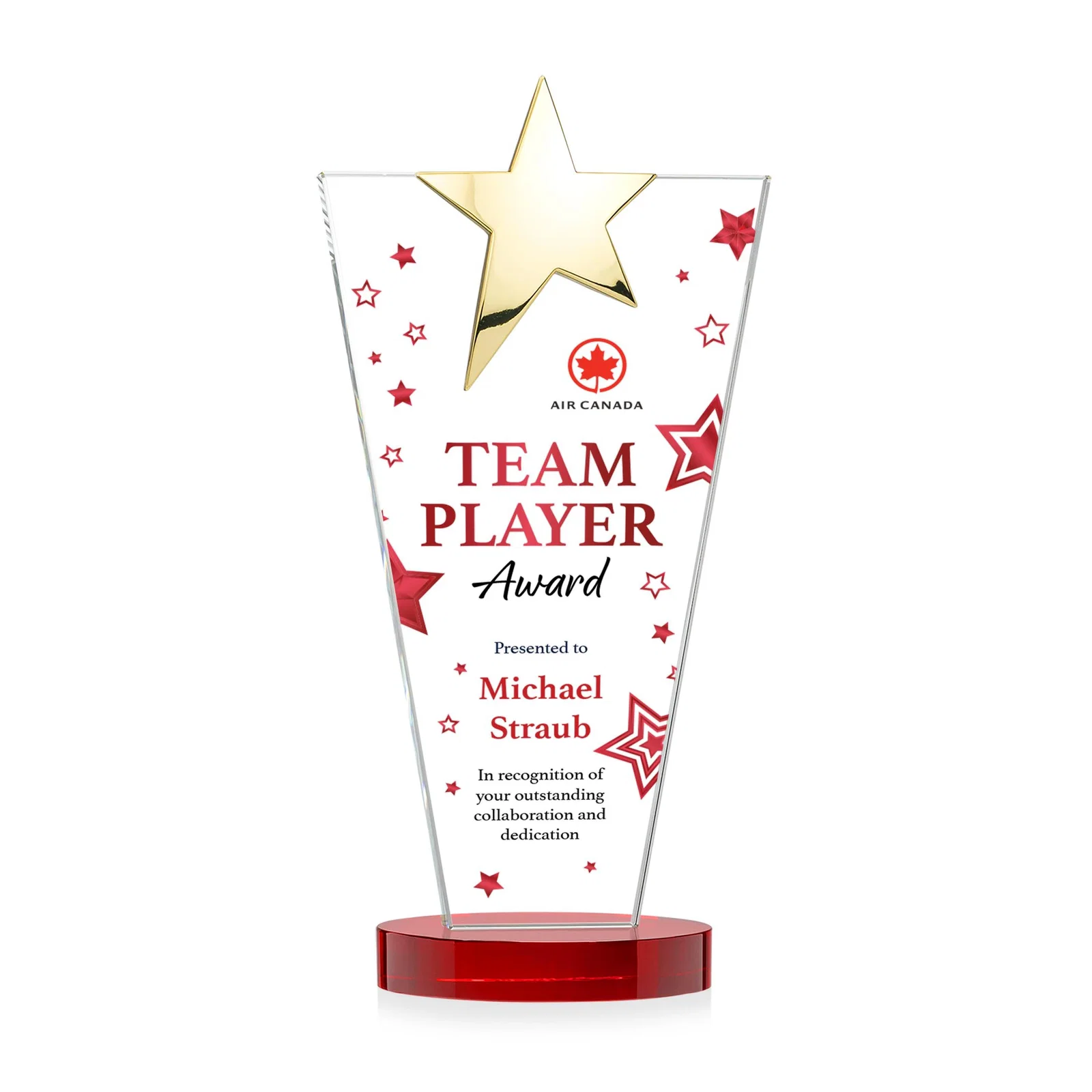 Branded Starfire Crystal Award with Chrome or Gold Star on Oval Base, with your logo for employee recognition