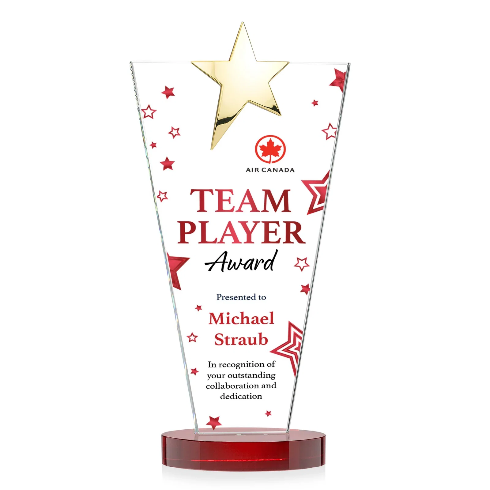Branded Starfire Crystal Award with Chrome or Gold Star on Oval Base, with your logo for corporate award ceremonies