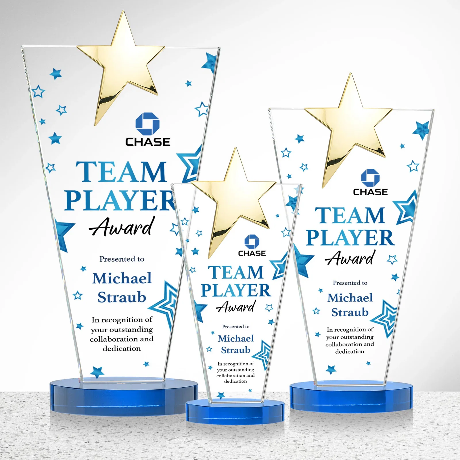 Branded Starfire Crystal Award with Chrome or Gold Star on Oval Base, with your logo for service anniversary gifts