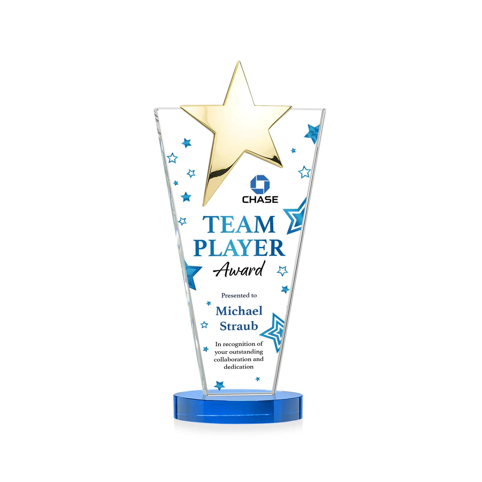 Branded Starfire Crystal Award with Chrome or Gold Star on Oval Base, with your logo for sales achievement awards