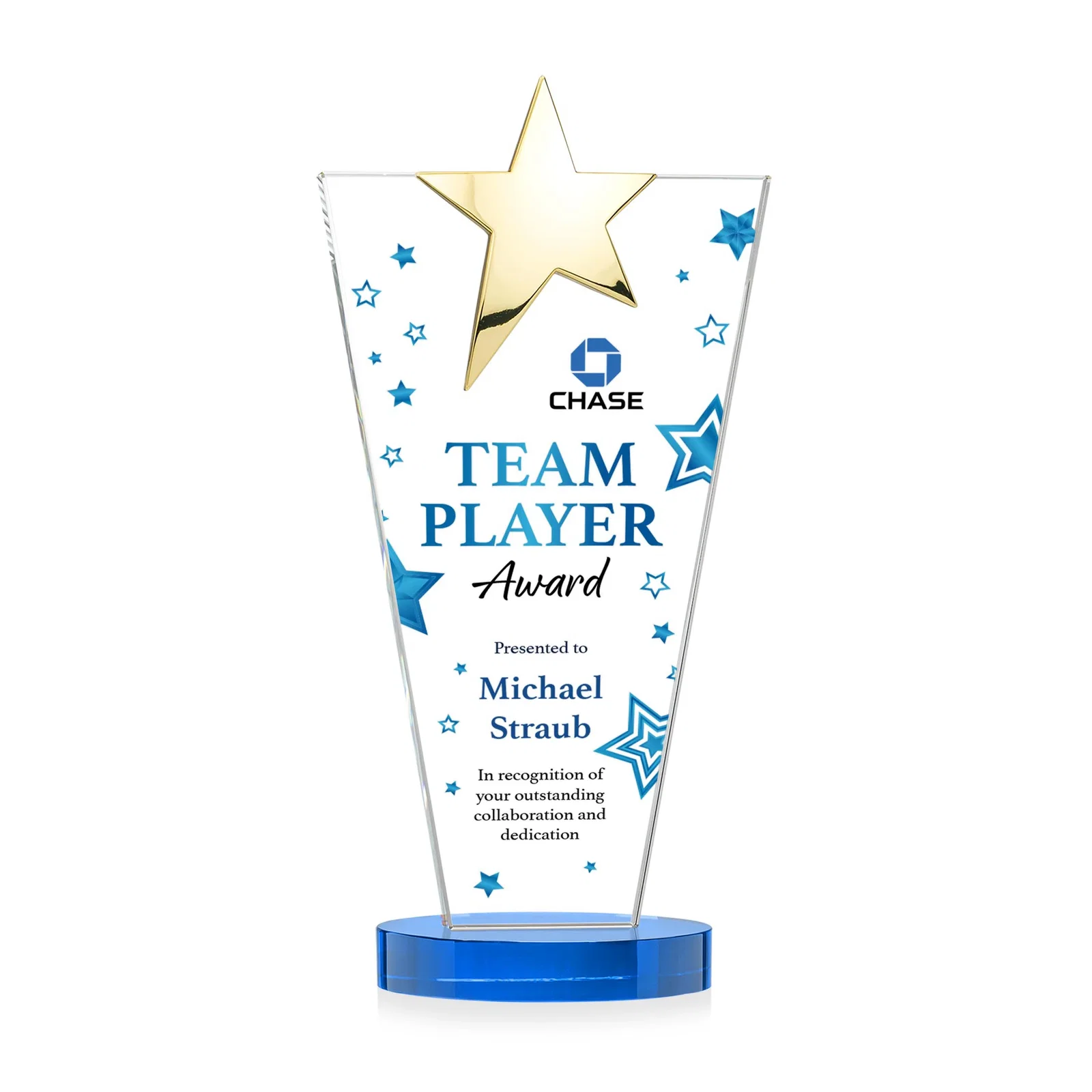 Branded Starfire Crystal Award with Chrome or Gold Star on Oval Base, with your logo for retirement presentations