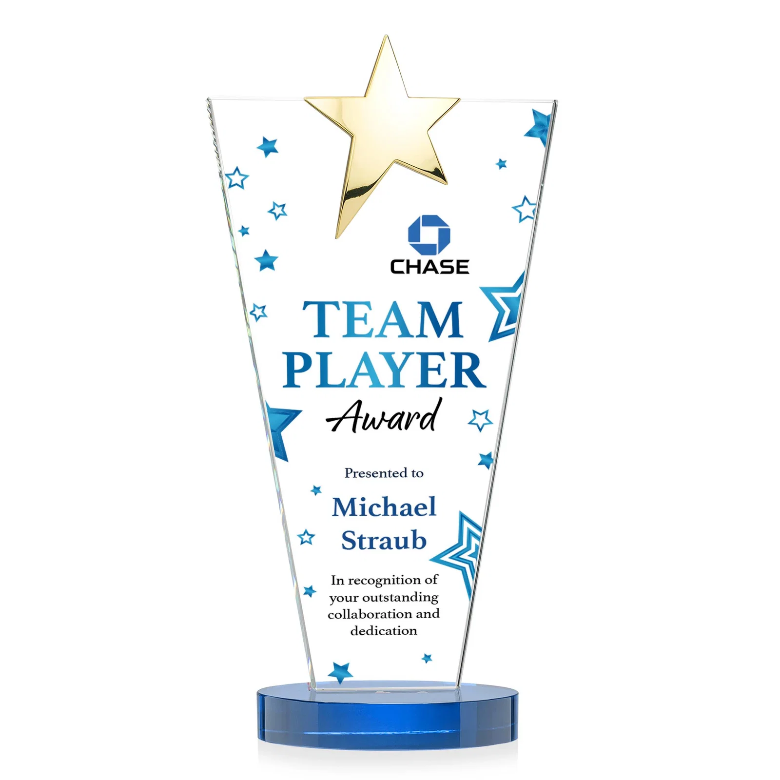 Branded Starfire Crystal Award with Chrome or Gold Star on Oval Base, with your logo for team milestone celebrations