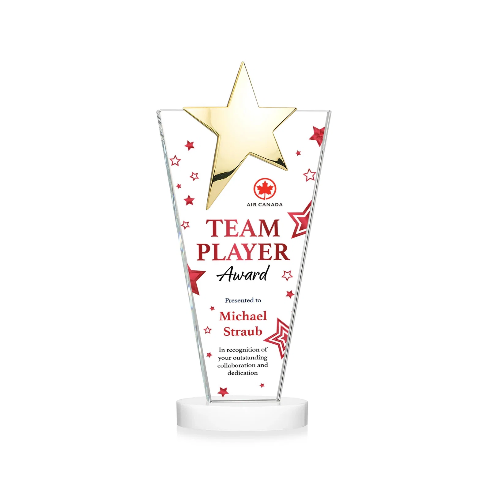 Branded Starfire Crystal Award with Chrome or Gold Star on Oval Base, with your logo for graduation ceremonies