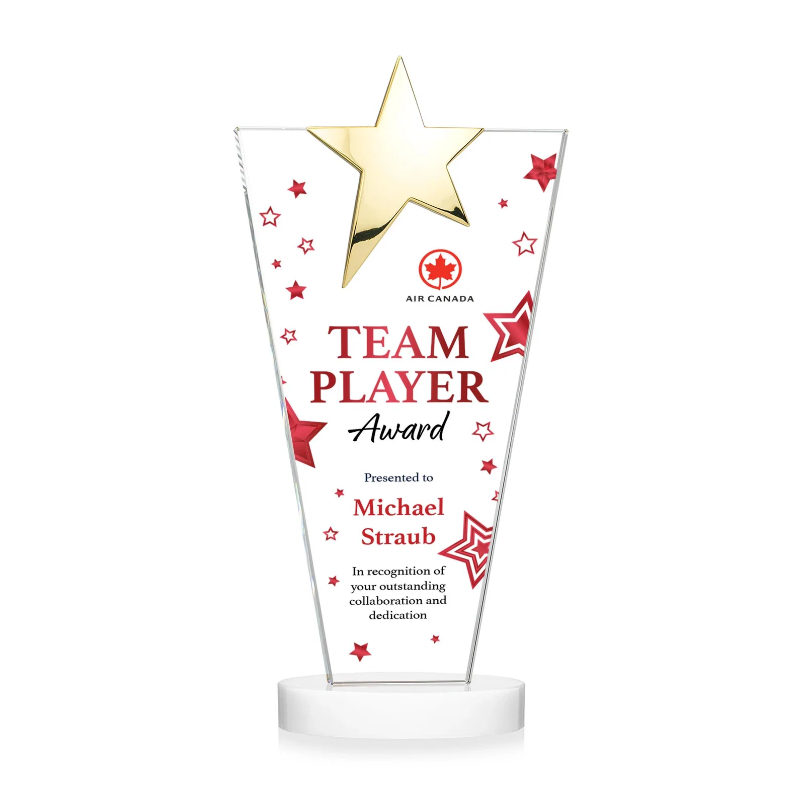 Branded Starfire Crystal Award with Chrome or Gold Star on Oval Base, with your logo for safety achievement programs