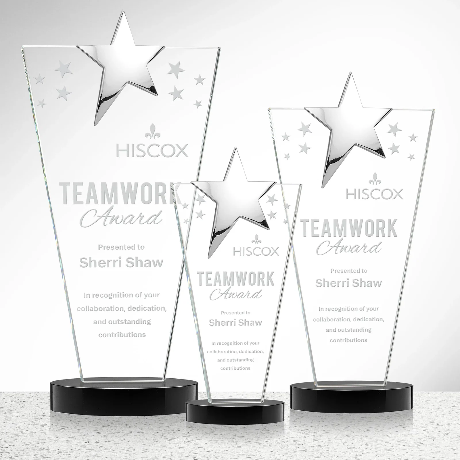 Personalized Starfire Crystal Award with Chrome or Gold Star on Oval Base for employee recognition