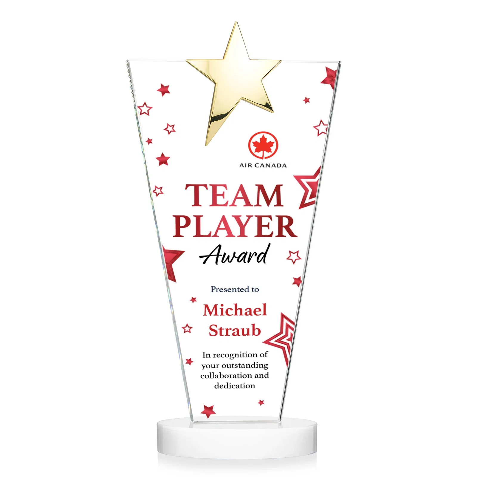 Branded Starfire Crystal Award with Chrome or Gold Star on Oval Base, with your logo for volunteer appreciation