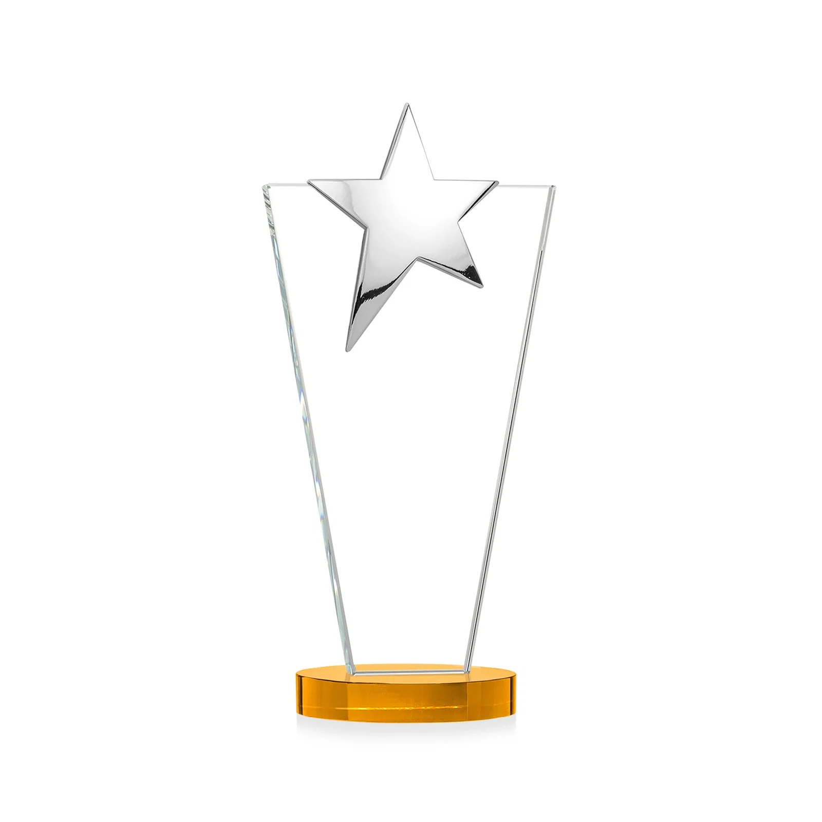 Custom printed Starfire Crystal Award with Chrome or Gold Star on Oval Base, with your logo for corporate award ceremonies