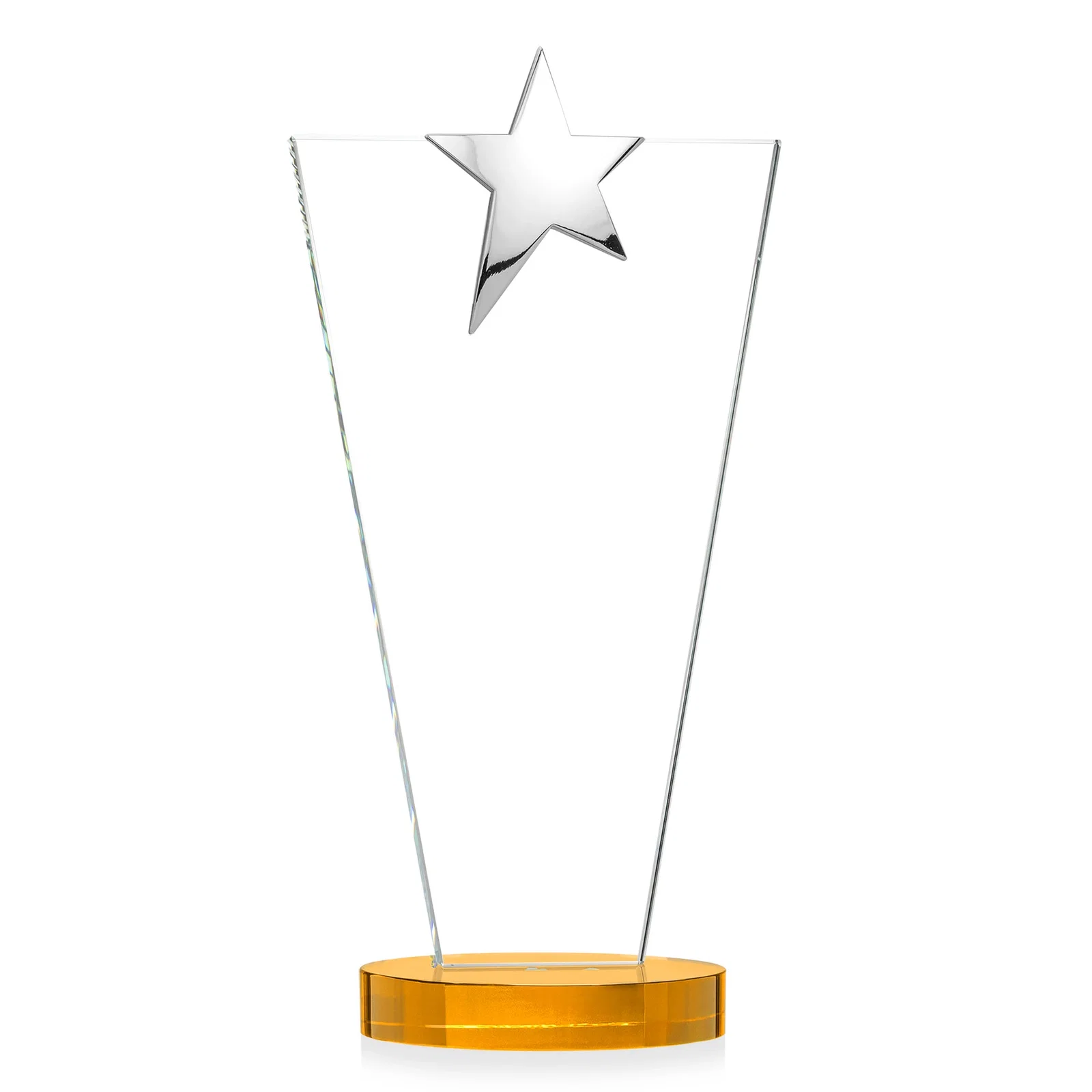 Custom printed Starfire Crystal Award with Chrome or Gold Star on Oval Base, with your logo for sales achievement awards
