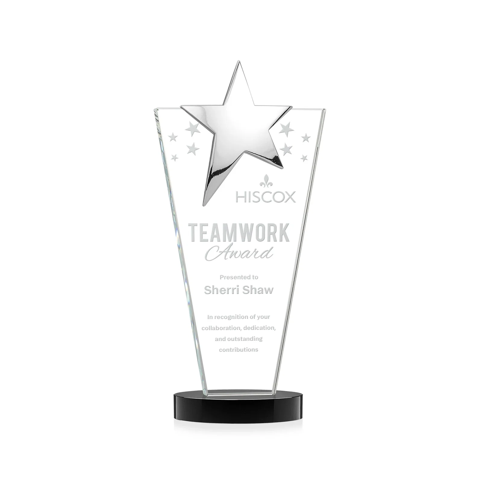 Personalized Starfire Crystal Award with Chrome or Gold Star on Oval Base for corporate award ceremonies