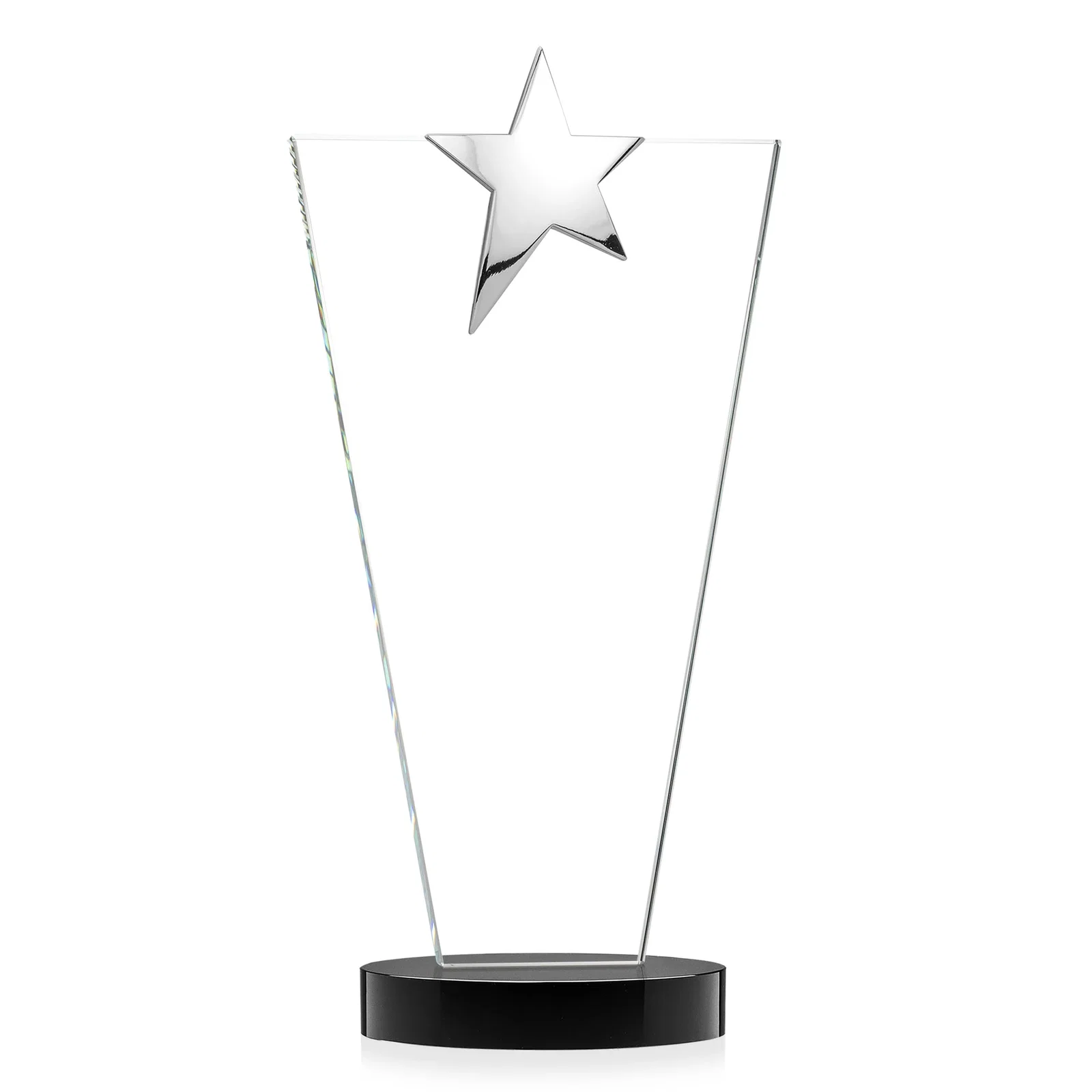 Custom printed Starfire Crystal Award with Chrome or Gold Star on Oval Base, with your logo for volunteer appreciation