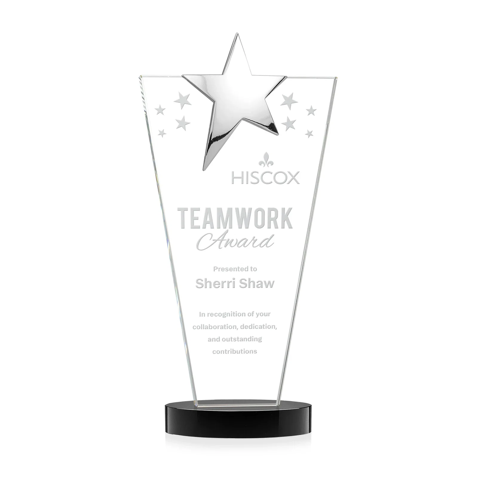 Personalized Starfire Crystal Award with Chrome or Gold Star on Oval Base for service anniversary gifts