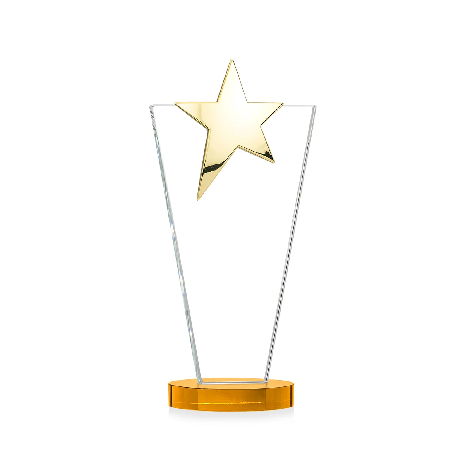 Custom engraved Starfire Crystal Award with Chrome or Gold Star on Oval Base, with your logo for corporate award ceremonies