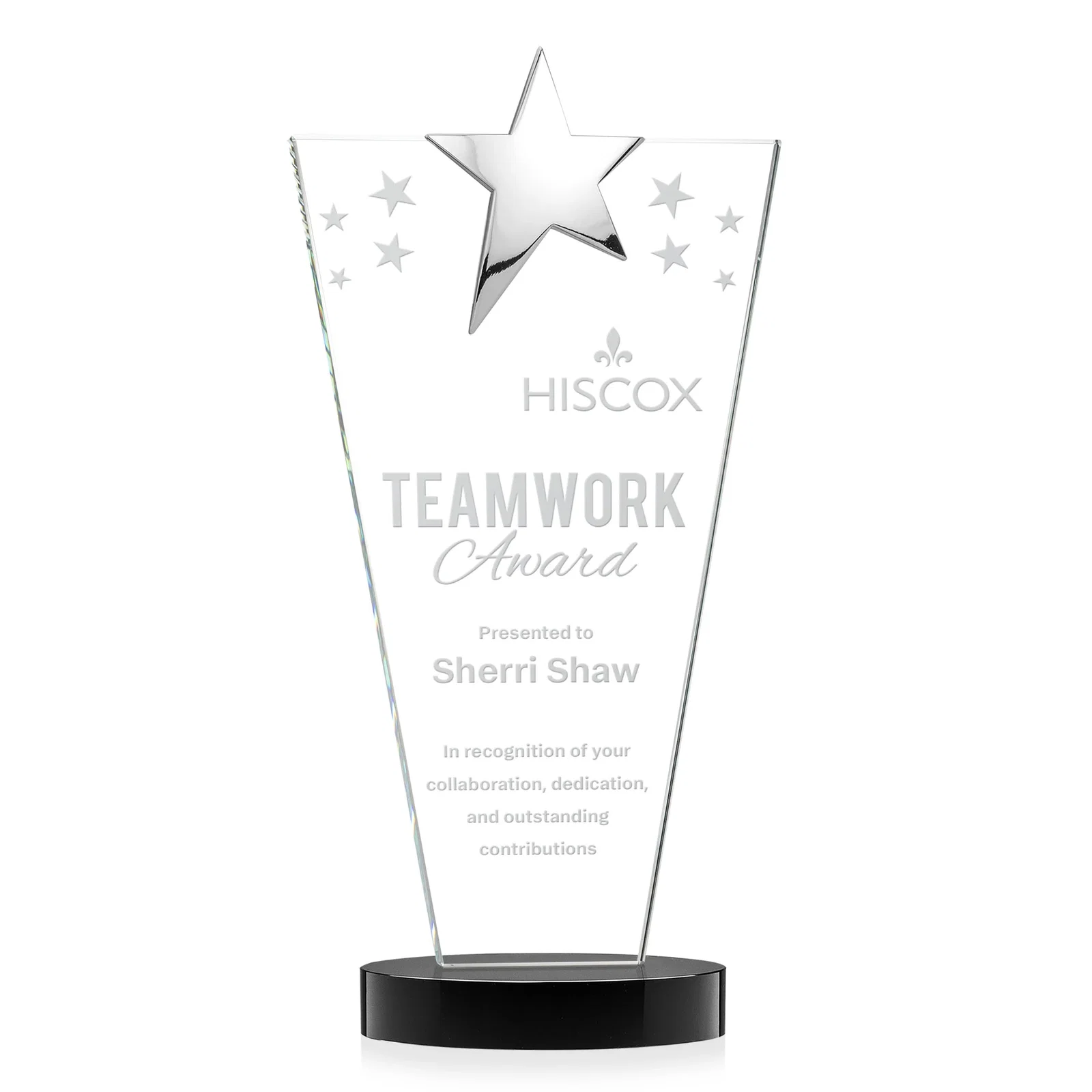 Personalized Starfire Crystal Award with Chrome or Gold Star on Oval Base for sales achievement awards