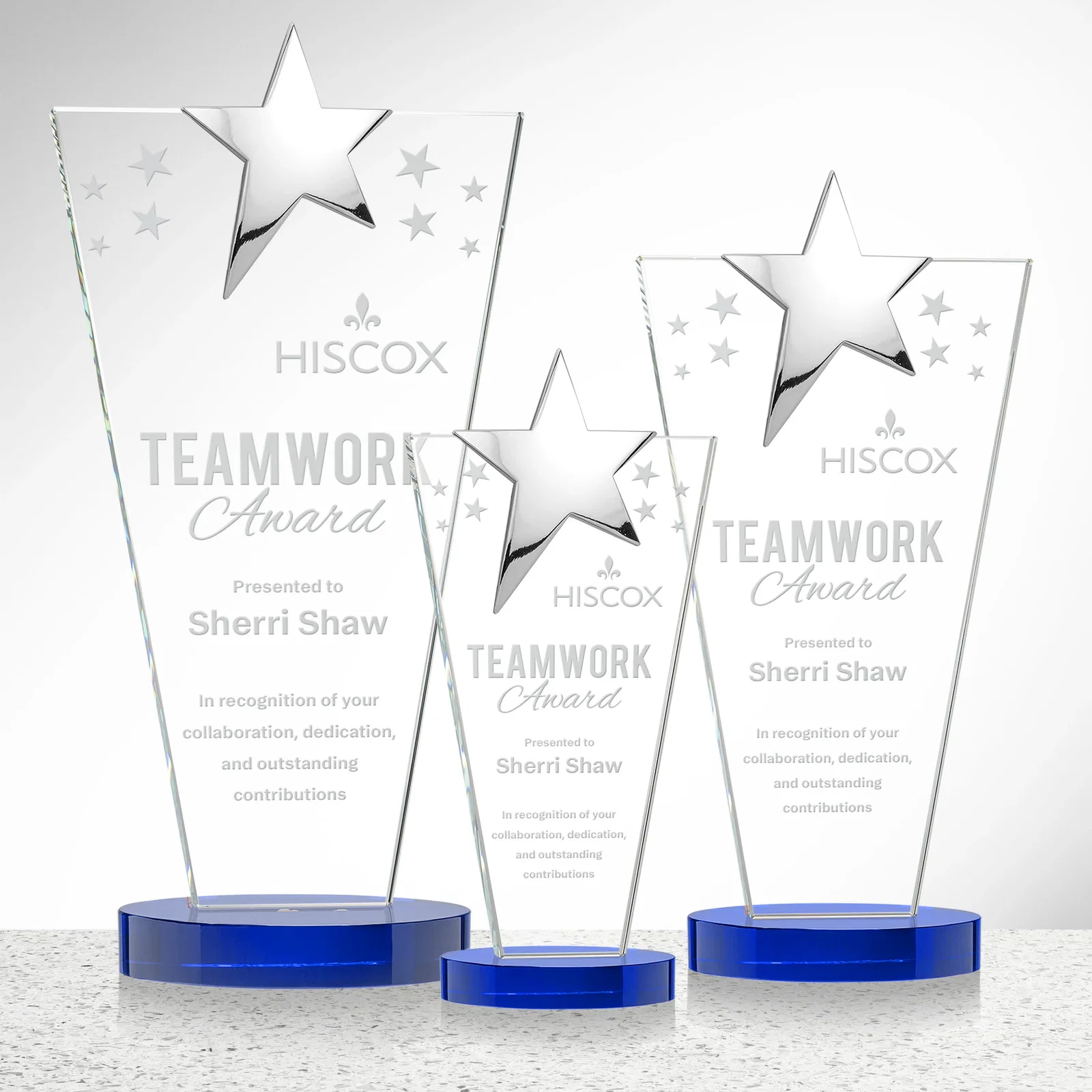 Personalized Starfire Crystal Award with Chrome or Gold Star on Oval Base for retirement presentations
