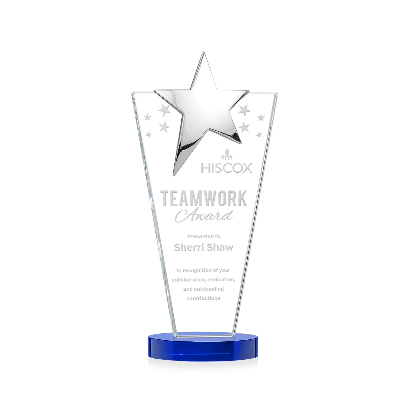 Personalized Starfire Crystal Award with Chrome or Gold Star on Oval Base for team milestone celebrations