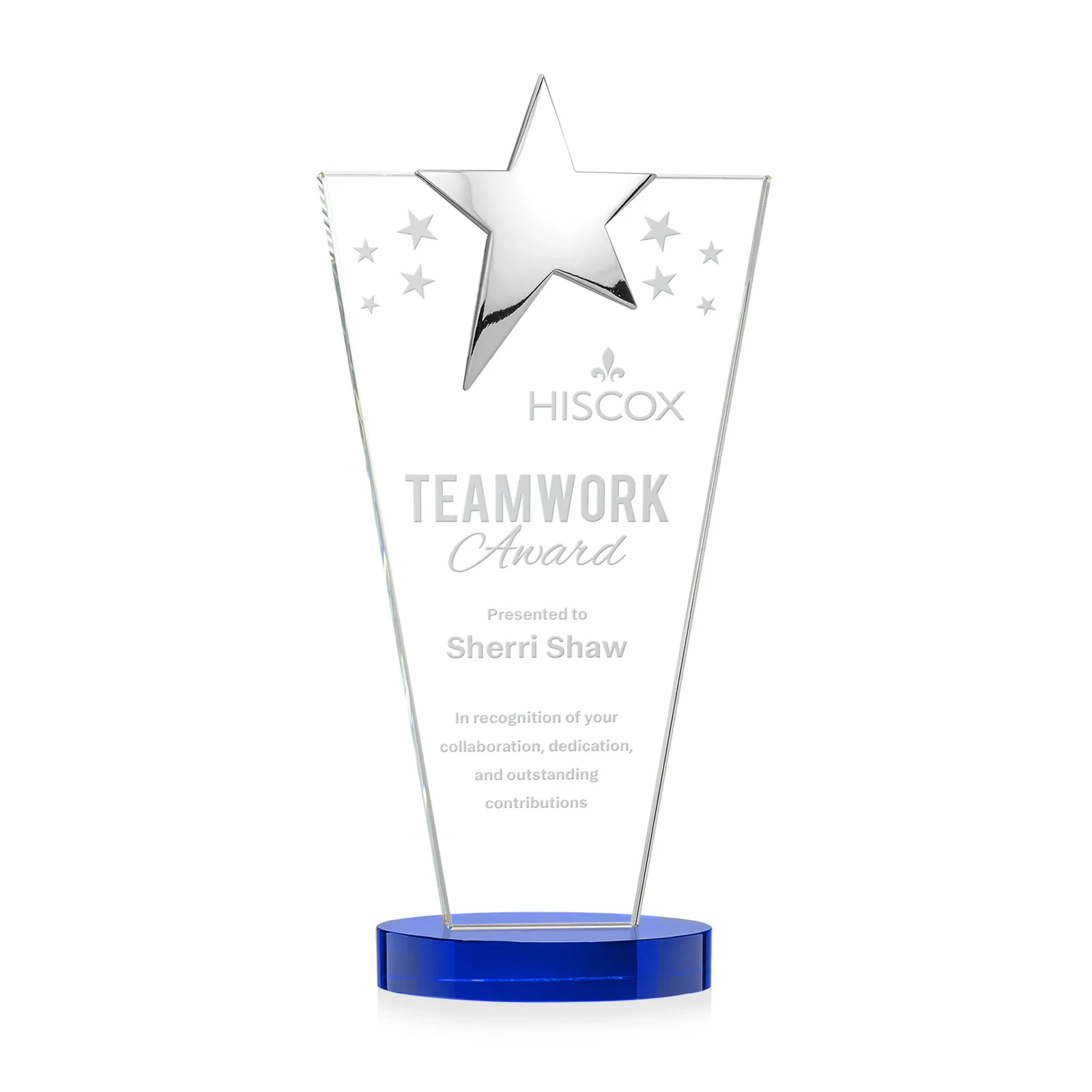 Personalized Starfire Crystal Award with Chrome or Gold Star on Oval Base for donor appreciation