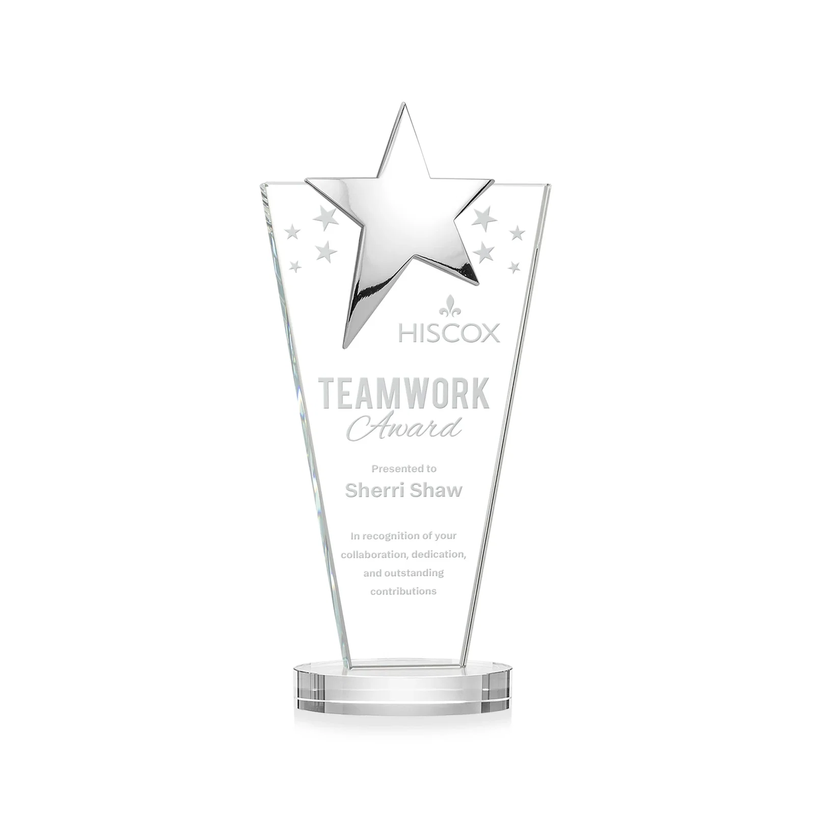 Custom Starfire Crystal Award with Chrome or Gold Star on Oval Base for corporate award ceremonies