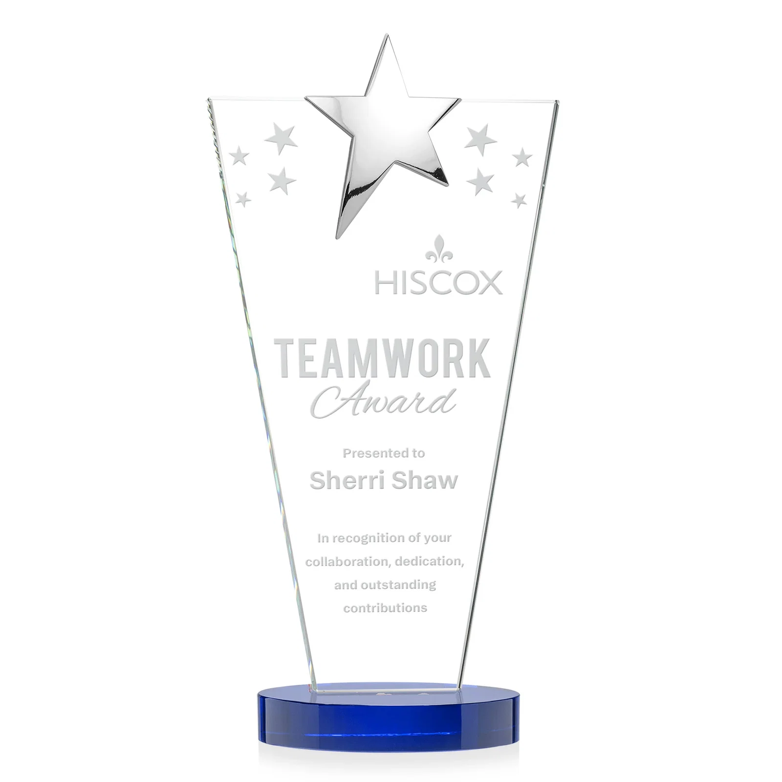Personalized Starfire Crystal Award with Chrome or Gold Star on Oval Base for graduation ceremonies