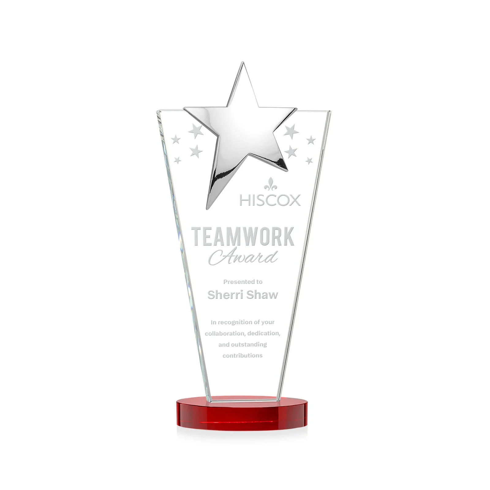 Personalized Starfire Crystal Award with Chrome or Gold Star on Oval Base for volunteer appreciation