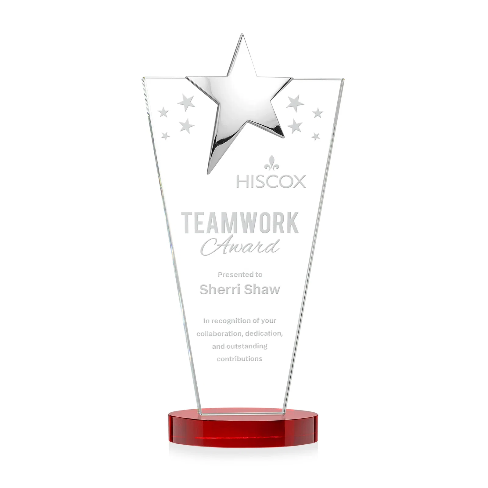 Personalized Starfire Crystal Award with Chrome or Gold Star on Oval Base for dealer and partner awards