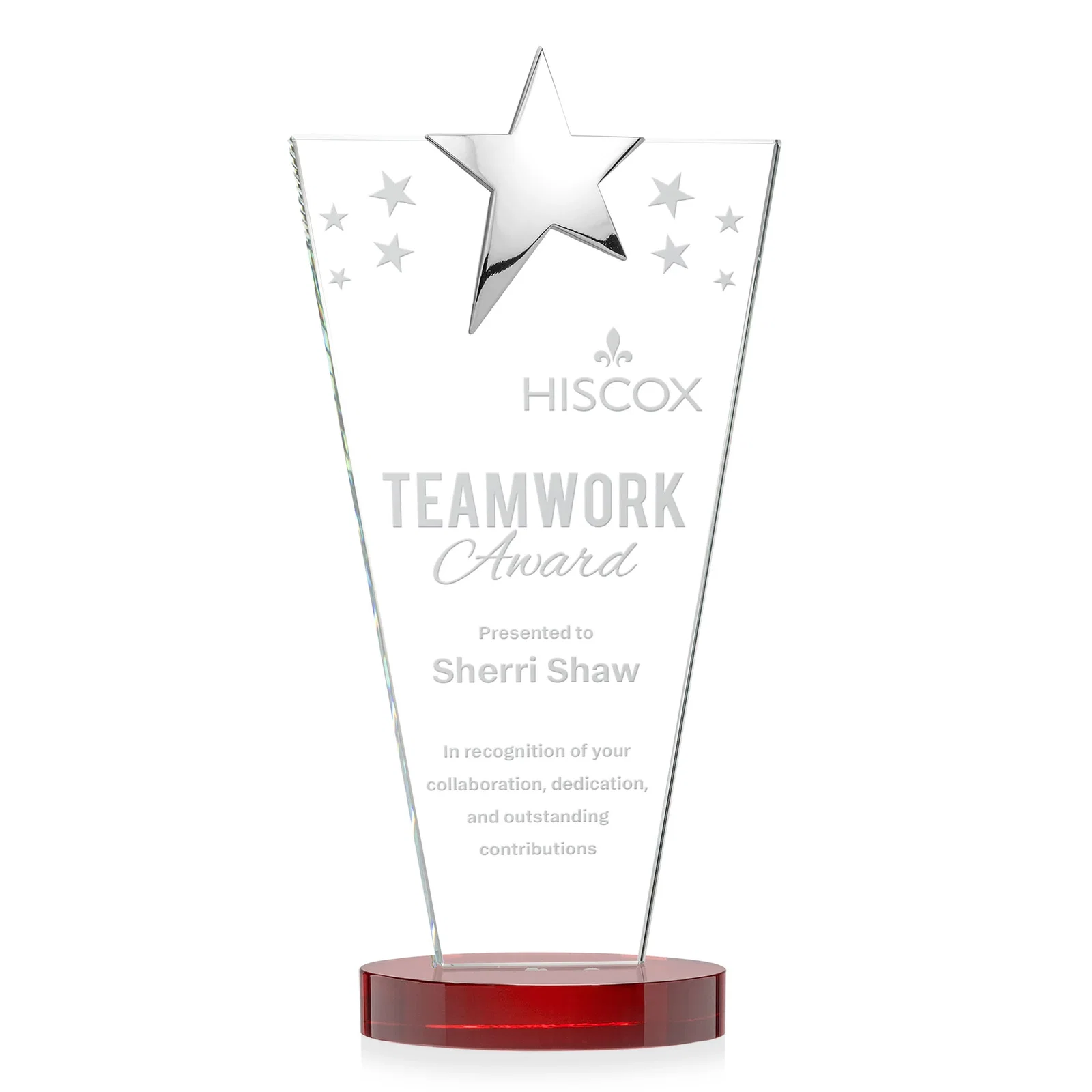 Personalized Starfire Crystal Award with Chrome or Gold Star on Oval Base for company anniversary events